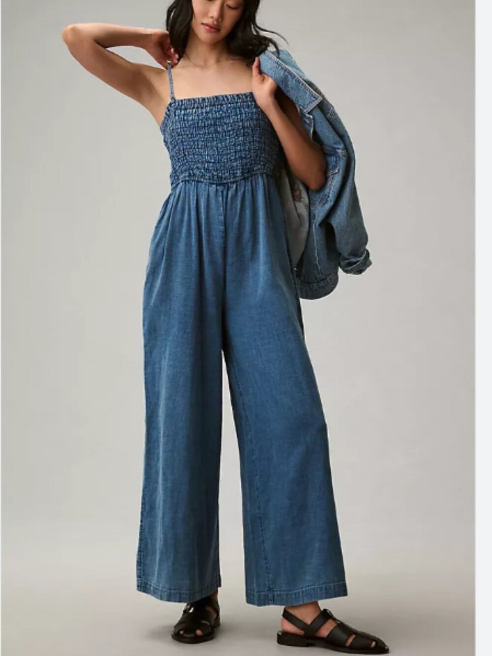 Anthropologie Pilcro Smocked Jumpsuit Wide-Leg Chambray Blue Cotton Large